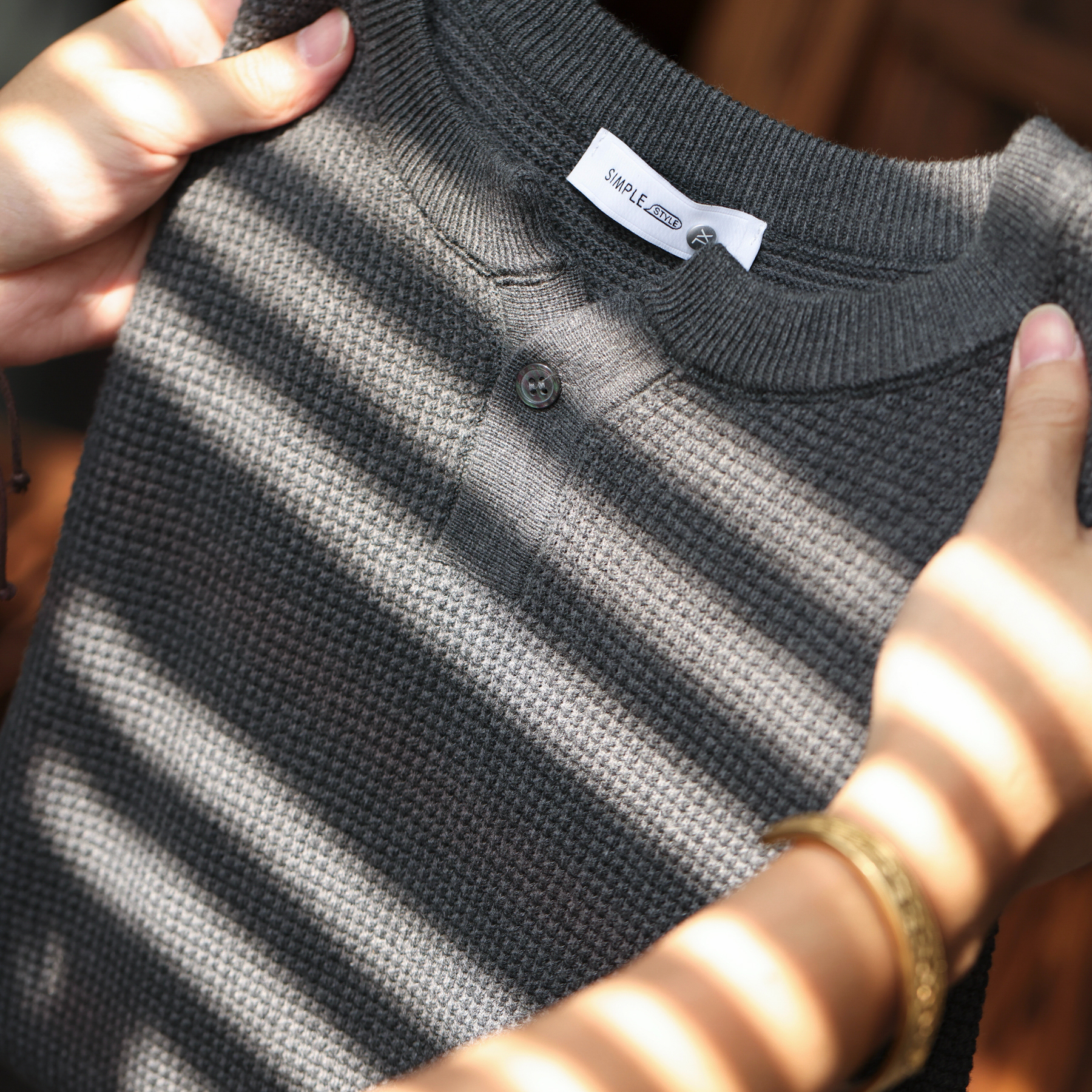 美式新貴亨利領長袖針織衫男細針花紗復古休閒內搭T恤秋