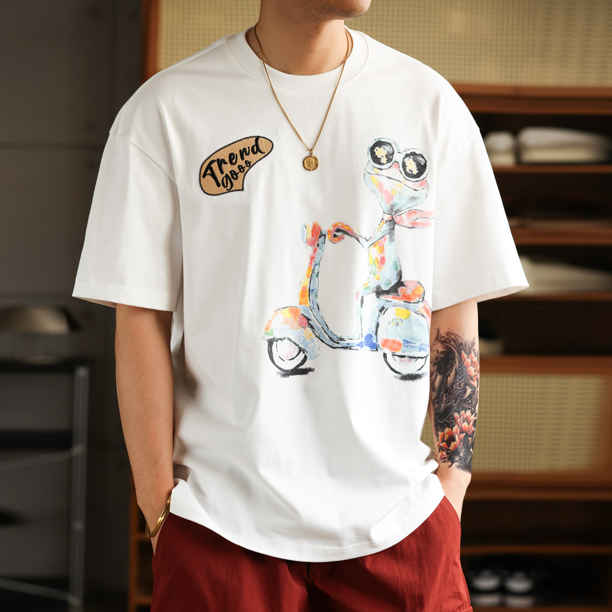 騎行青蛙趣味刺繡印花短袖T恤男美式休閒寬鬆圓領TEE夏