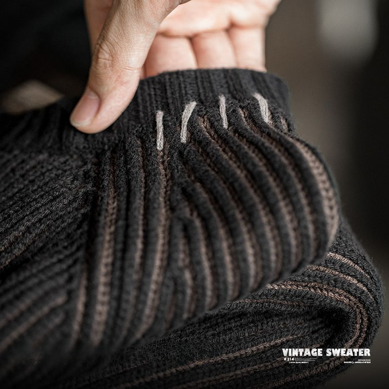 美式復古豎條紋編織毛衣插肩袖圓領加厚打底針織衫男秋冬-Retro's Wear