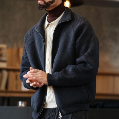 美式休閒保暖立領毛衣羽絨服男90絨灰色針織開衫外套冬