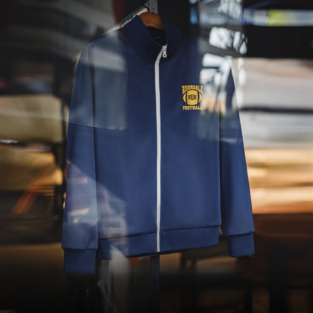 美式休閒學院風撞色刺繡夾克空氣層立領寬鬆開衫衛衣男春