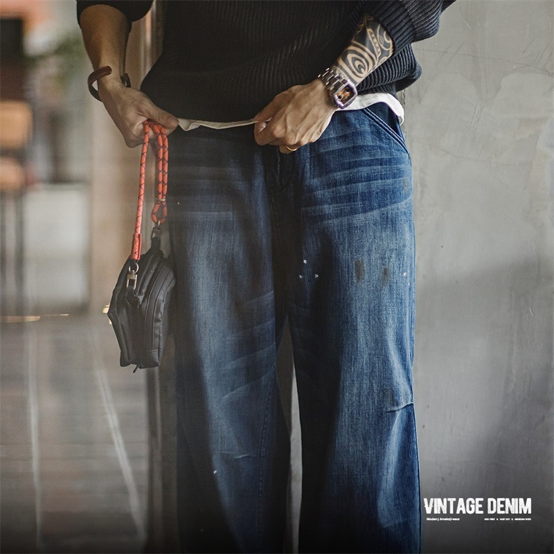 美式復古做舊磨白猫須牛仔褲寬鬆水洗丹寧潑墨直筒褲男秋-Retro's Wear