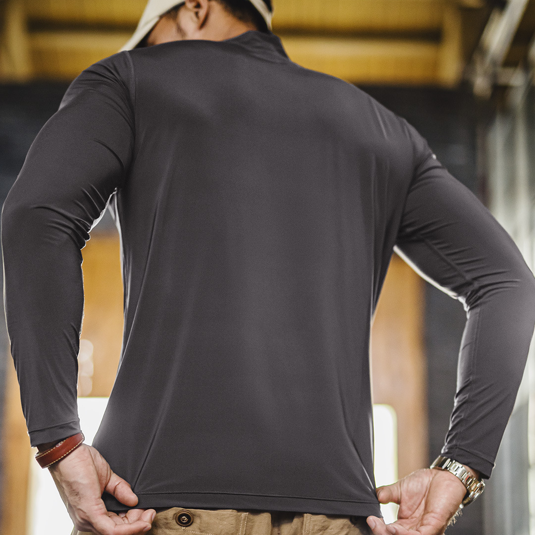 美式半高領長袖T恤健身彈力灰色修身冰絲內搭打底男士秋