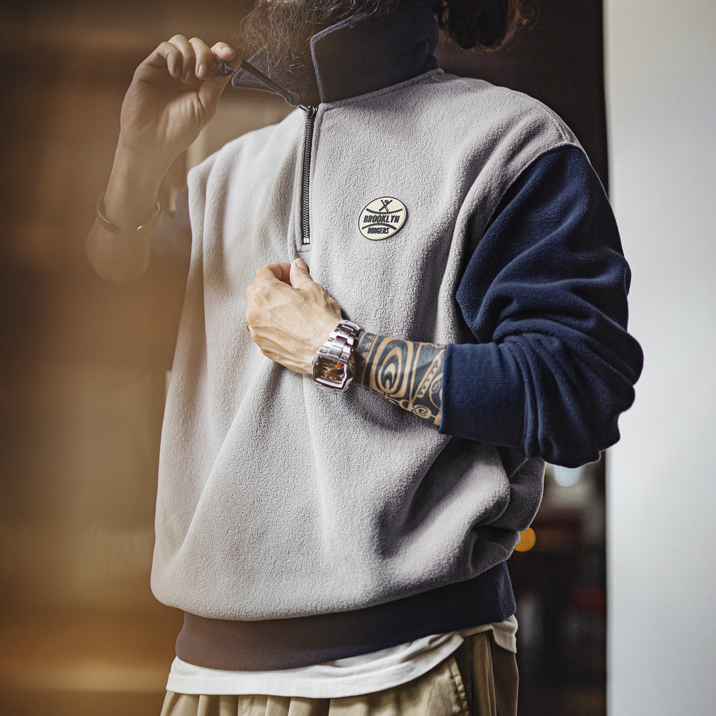 美式搖粒絨半開襟衛衣學院風polo領撞色套頭保暖外套男秋