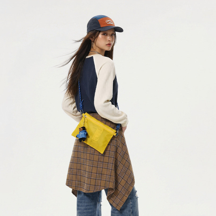 美式復古華夫格圓領藍白撞色無帽長袖t恤打底衫內搭衛衣女春