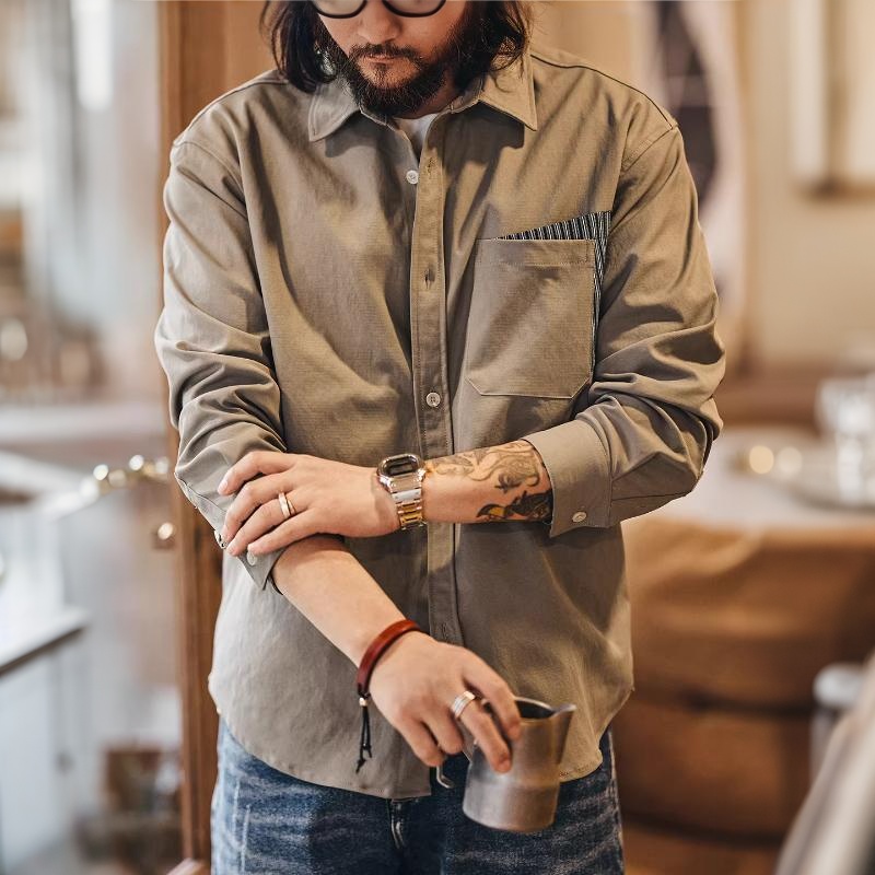 美式復古設計感撞色口袋拼接長袖襯衫男春秋季工裝襯衣外套
