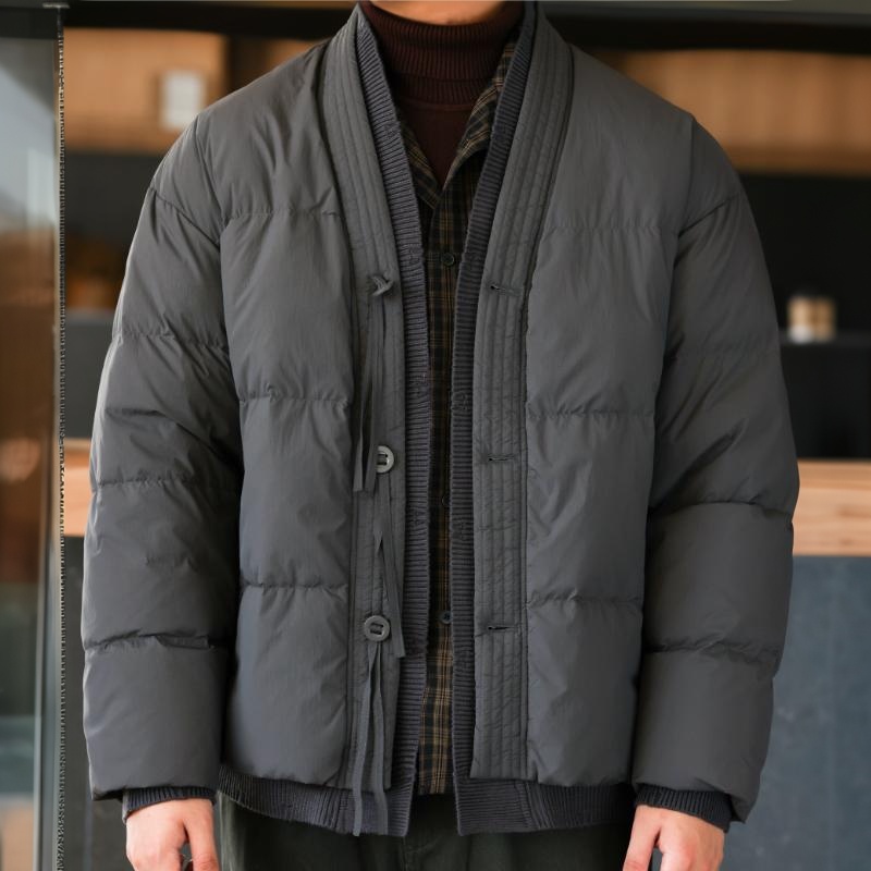 新中式道袍領羽絨服男90絨針織拼接假兩件設計保暖外套