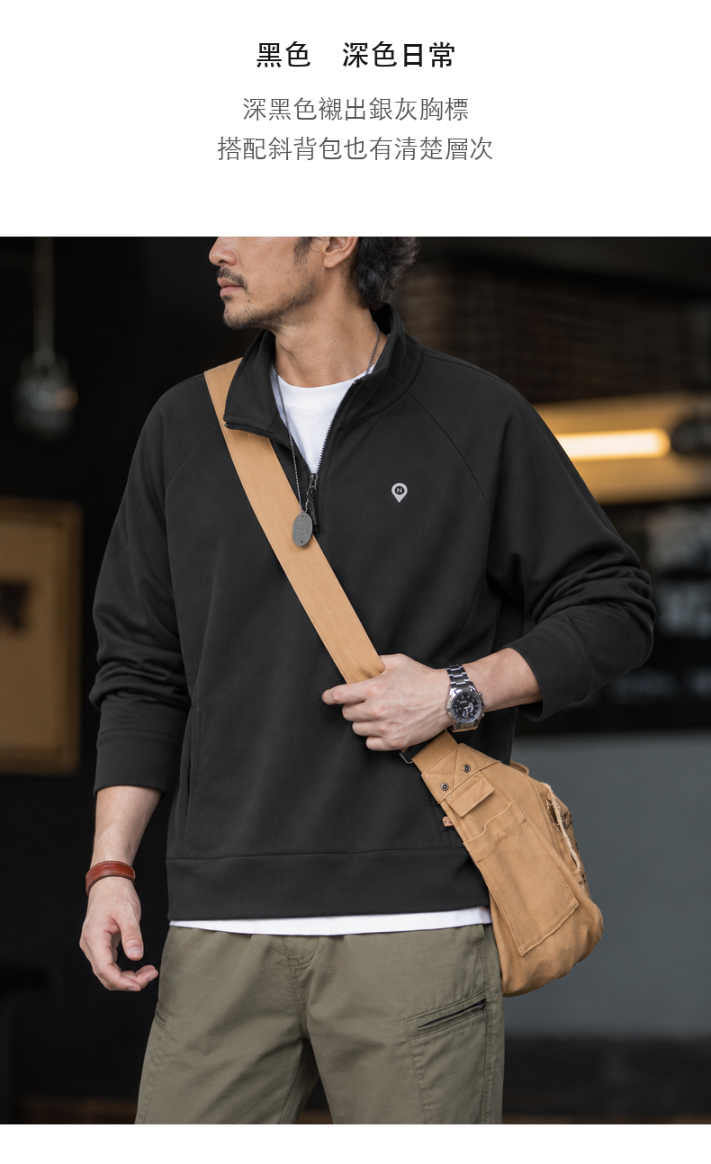 Vintage Stand-Collar Half-Zip Solid Long-Sleeve Men's Sweatshirt, Raglan Fit · 06-S08