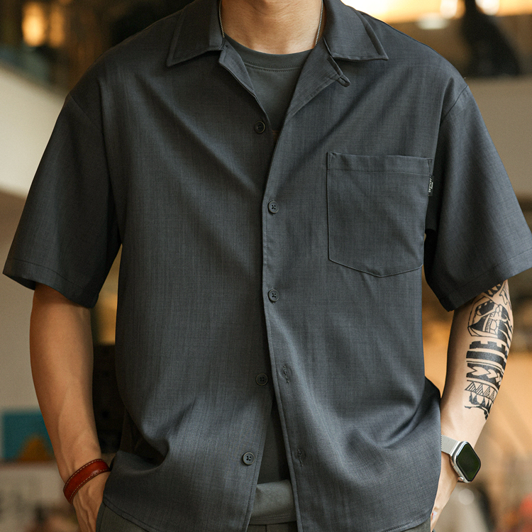 日系復古竹節紋古巴領短袖襯衫男寬鬆雲感半袖開衫襯衫