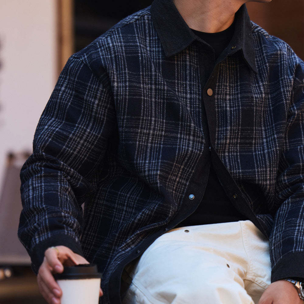 日系復古牛仔拼接格子襯衫男寬鬆羊毛混紡長袖襯衣外套
