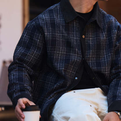 日系復古牛仔拼接格子襯衫男寬鬆羊毛混紡長袖襯衣外套