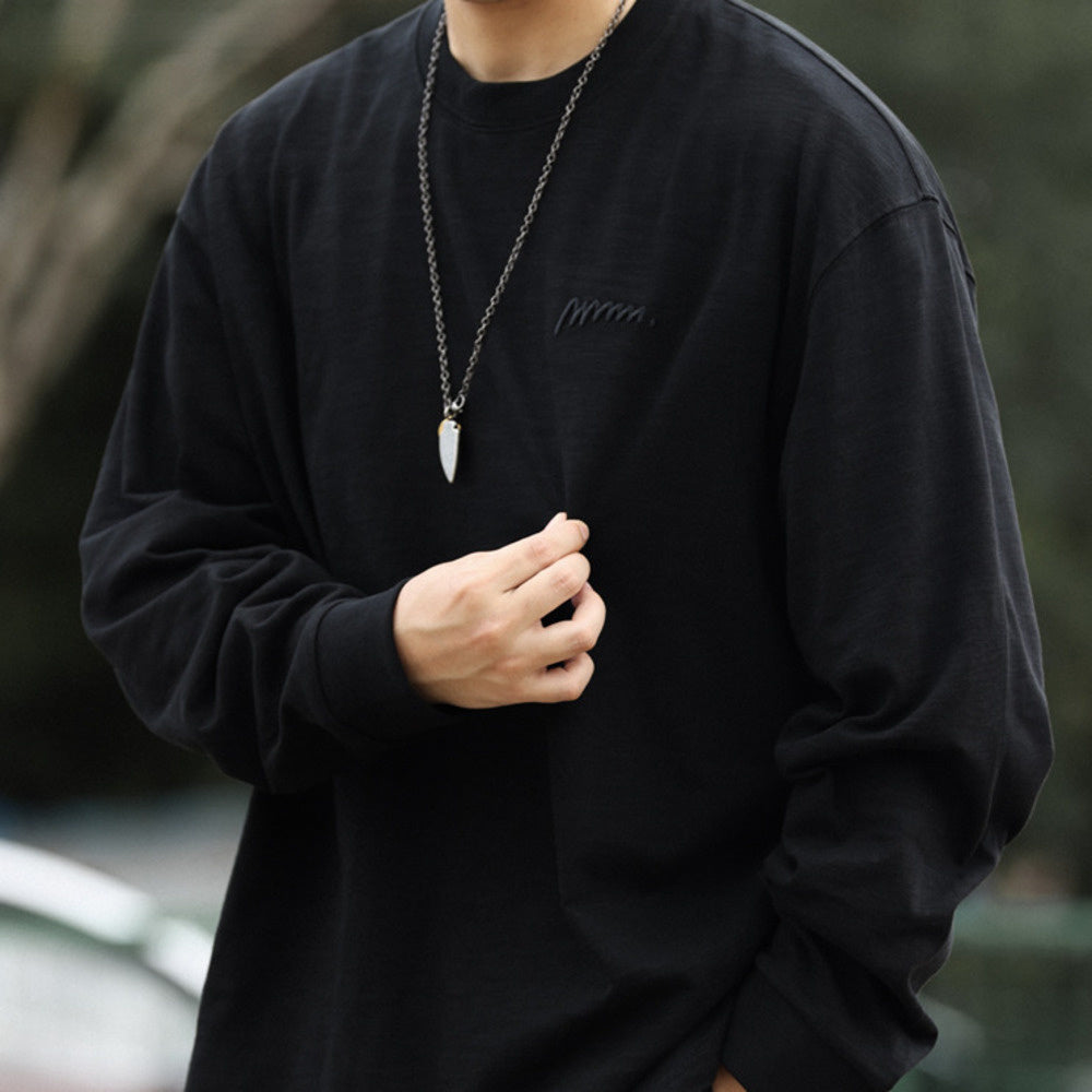 日系復古高密刺繡天竺棉長袖T恤男寬鬆cleanfit休閒打底衫秋-Retro's Wear