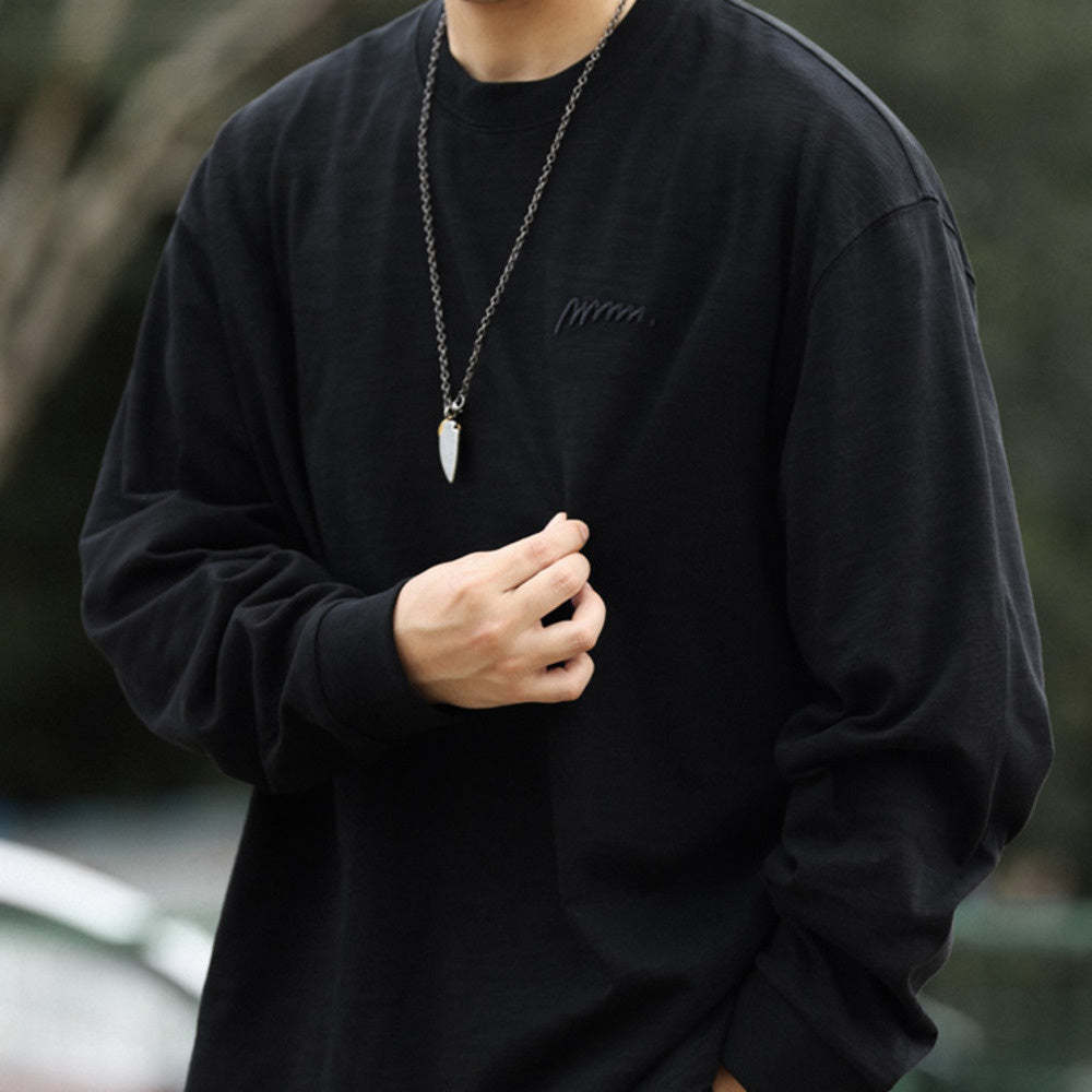 日系復古高密刺繡天竺棉長袖T恤男寬鬆cleanfit休閒打底衫秋-Retro's Wear