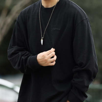 日系復古高密刺繡天竺棉長袖T恤男寬鬆cleanfit休閒打底衫秋-Retro's Wear