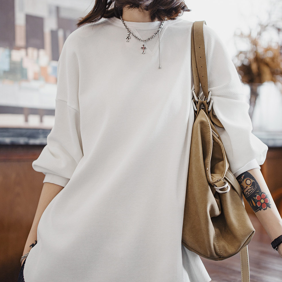白色華夫格白色寬鬆套頭衛衣圓領長袖T恤亨利衫上衣女士早秋