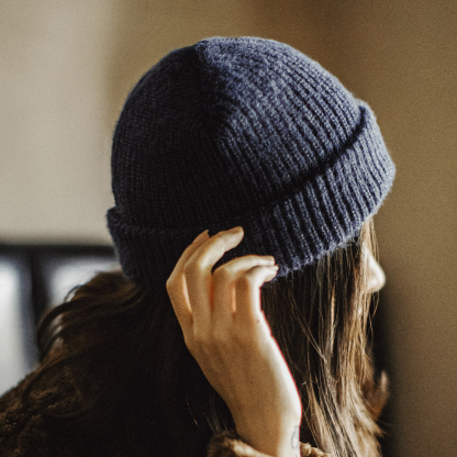 藏青色復古針織保暖加厚毛線冷帽子大頭圍防寒護耳瓜皮帽女冬