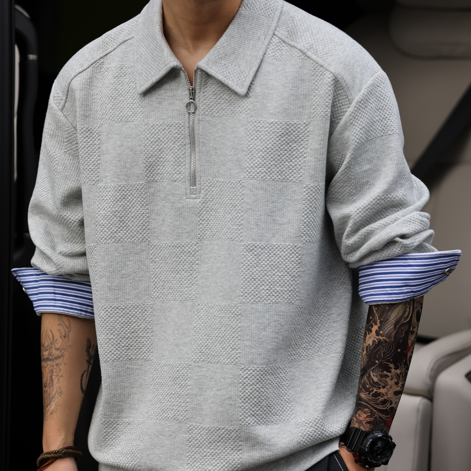 美式休閒半拉鍊polo衛衣男高級感提花針織疊穿長袖上衣