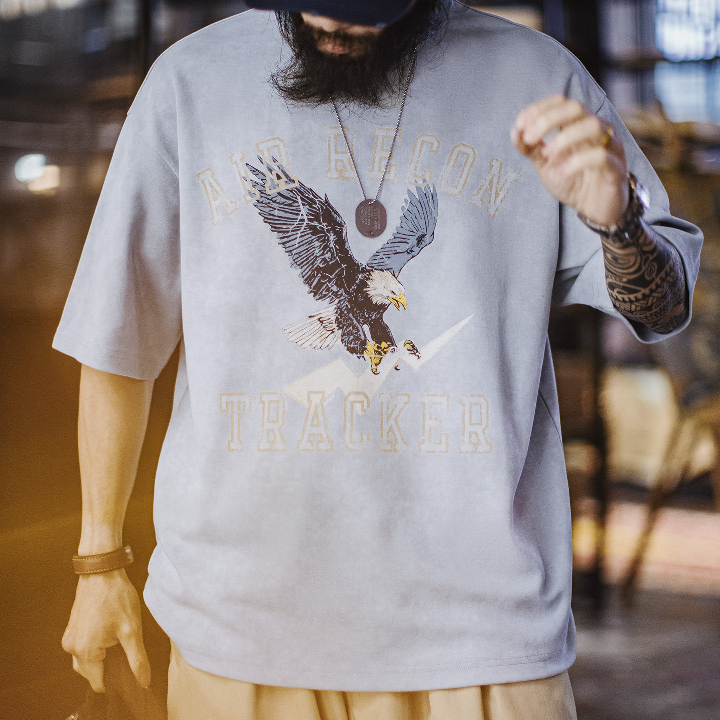 美式復古印花做舊仿蠟染圓領藍色落肩針織短袖T恤男士夏