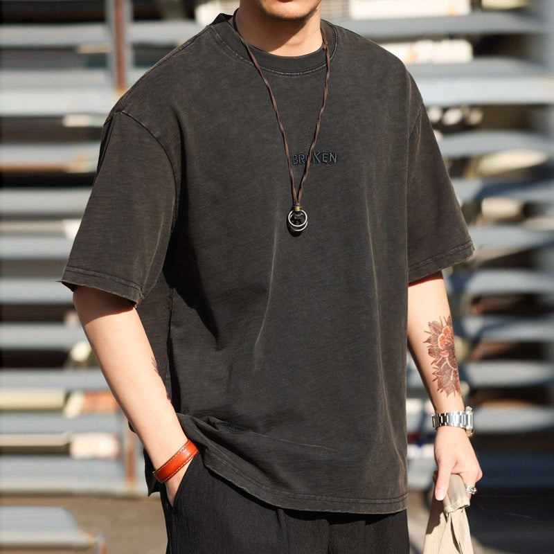 日系復古重磅天竺棉短袖T恤男250g字母刺繡純棉打底衫夏