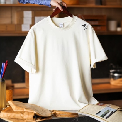 美式休閒愛心刺繡短袖T恤男寬鬆落肩袖簡約圓領打底TEE