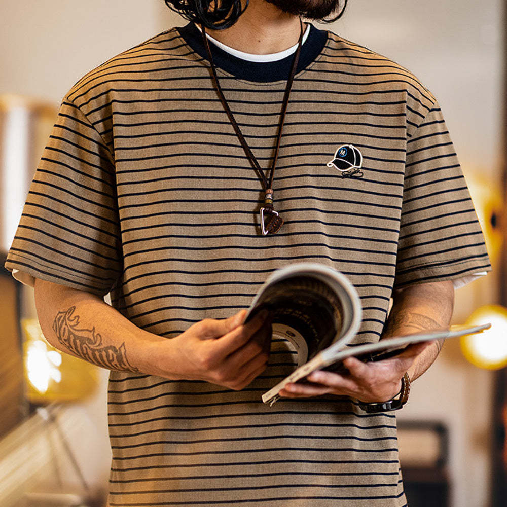 美式復古細條紋短袖t恤男2025夏季新款刺繡仿洗水做舊半袖男款夏t