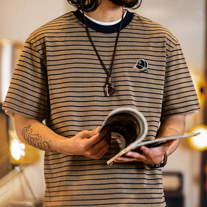 美式復古細條紋短袖t恤男2025夏季新款刺繡仿洗水做舊半袖男款夏t