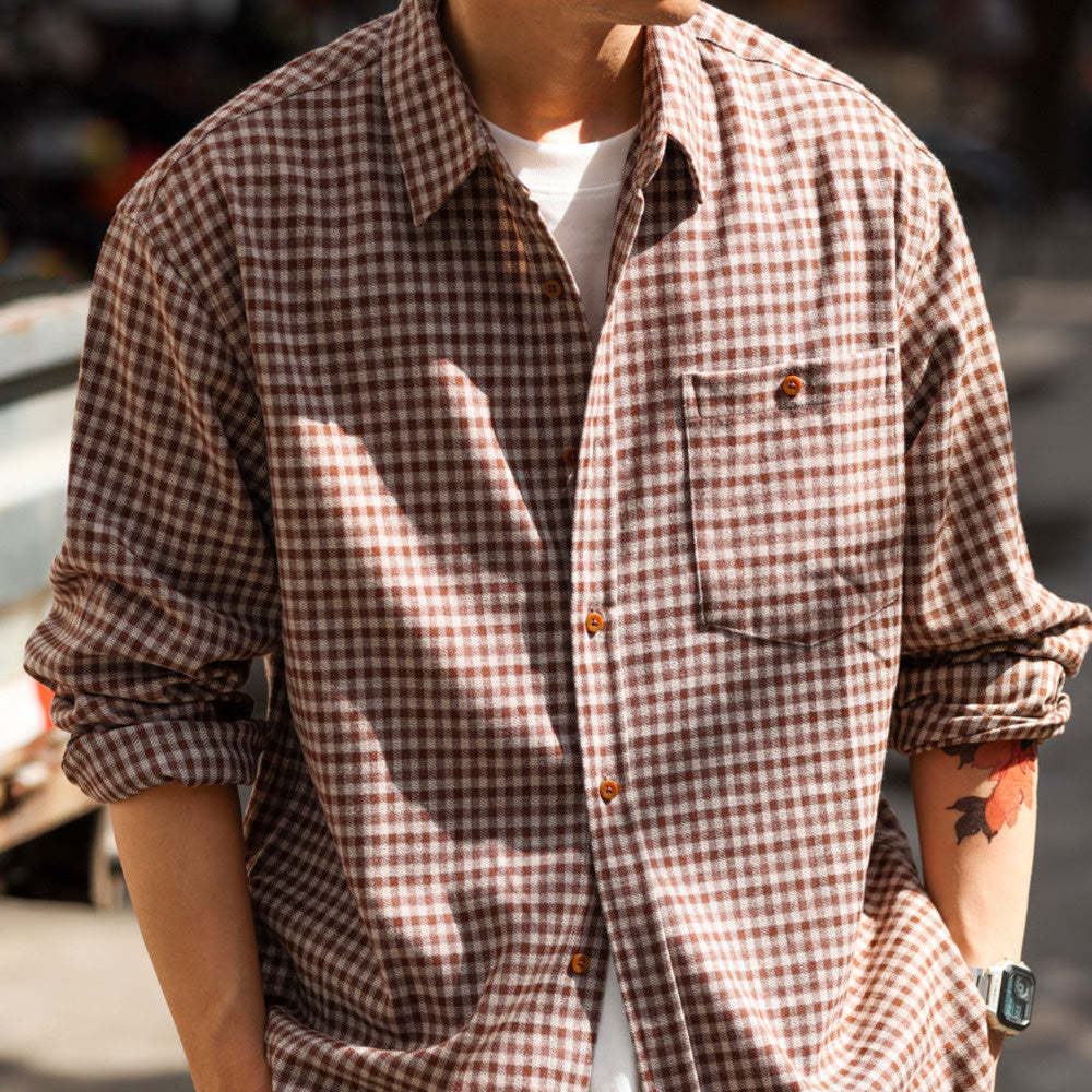 日系重磅格子長袖襯衫男磨毛柔織休閒免燙翻領秋季襯衣外套-Retro's Wear