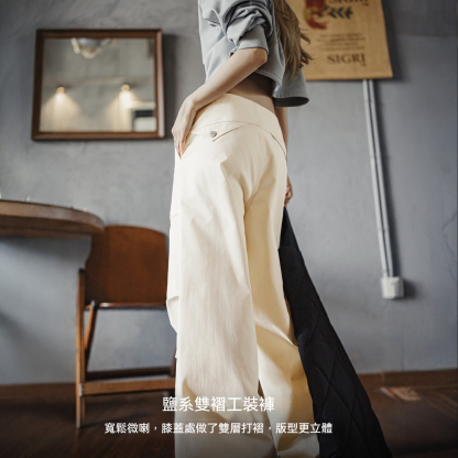 白色不貼腿直筒微喇叭寬鬆闊腿馬蹄工裝休閒拖地長褲子女士秋