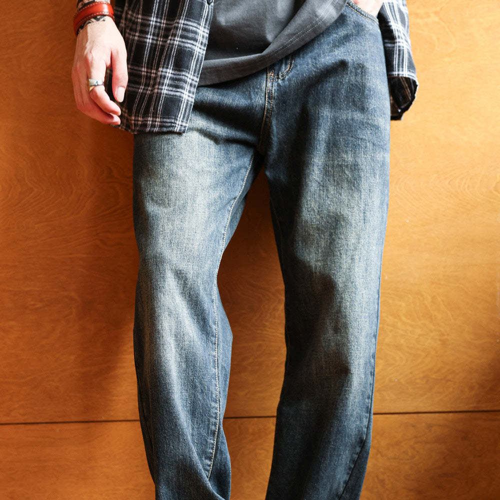 美式復古水洗藍牛仔褲男寬鬆直筒墜感休閒闊腿老爹長褲子秋-Retro's Wear