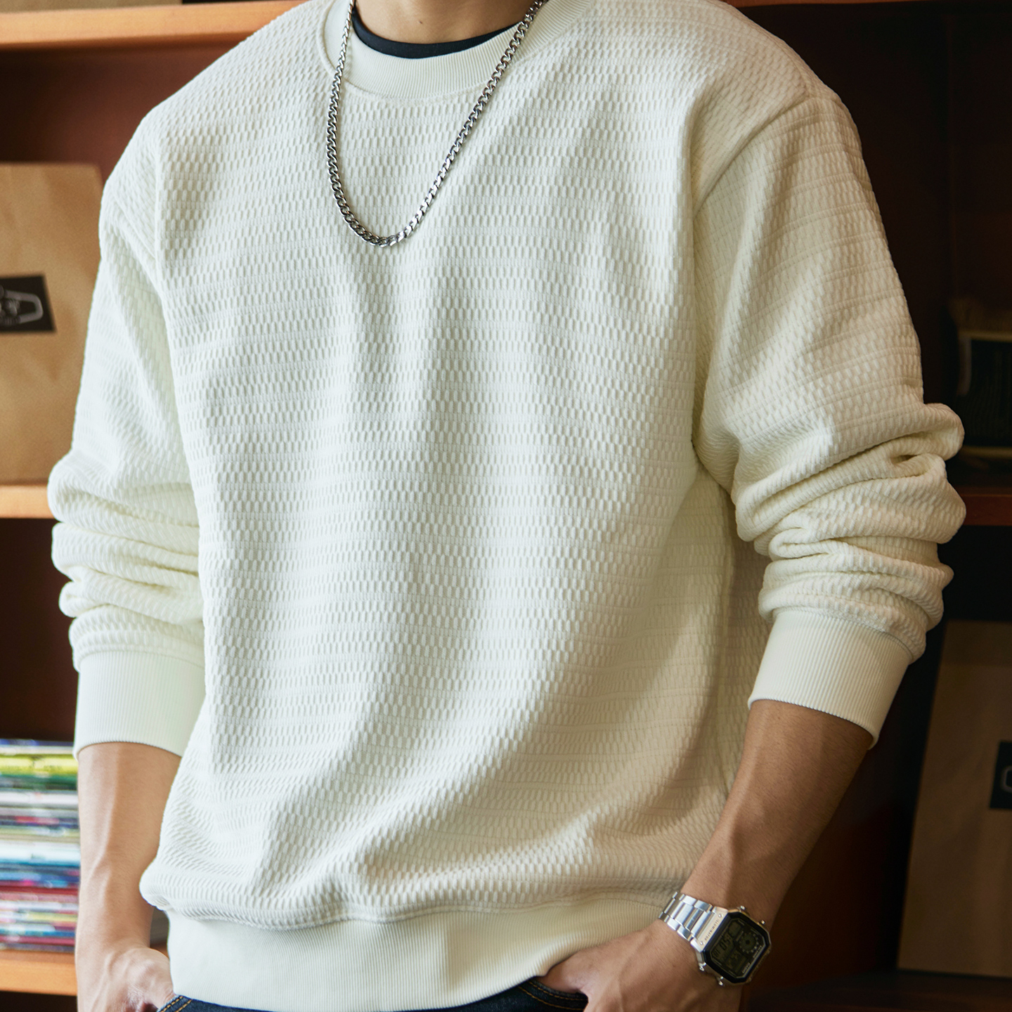 加絨歐棉絨肌理感圓領衛衣男士2025冬季新款內搭加厚保暖長袖上衣