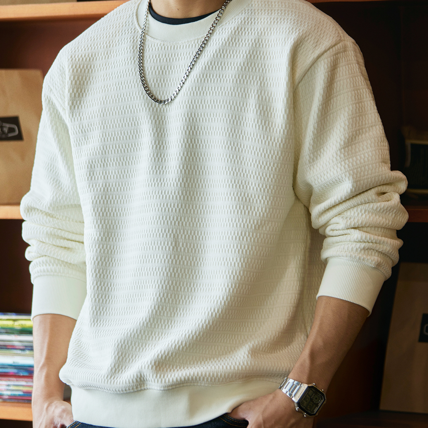 加絨歐棉絨肌理感圓領衛衣男士2025冬季新款內搭加厚保暖長袖上衣