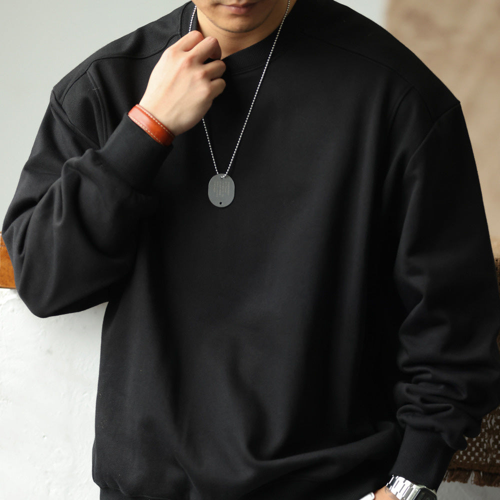 日系復古阿爾曼重磅衛衣男寬鬆圓領390g螺紋拼接淨版上衣秋-Retro's Wear