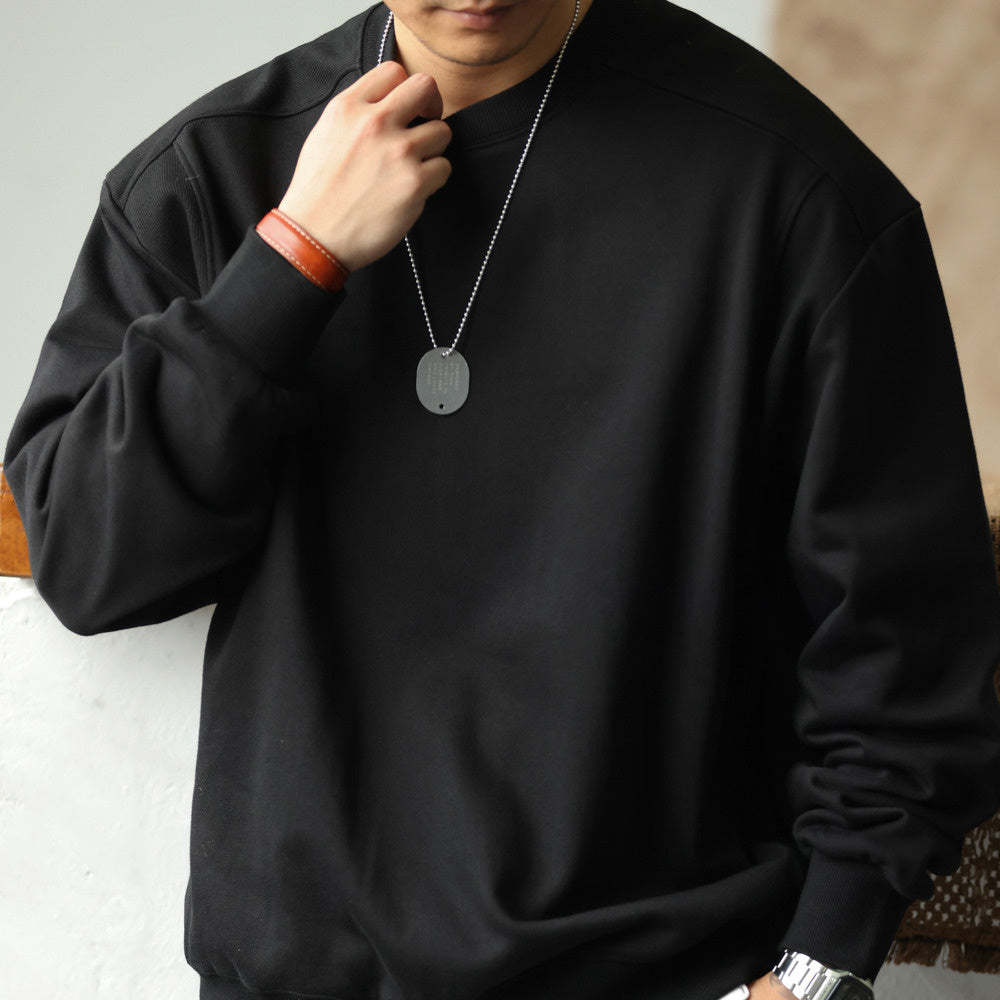 日系復古阿爾曼重磅衛衣男寬鬆圓領390g螺紋拼接淨版上衣秋-Retro's Wear