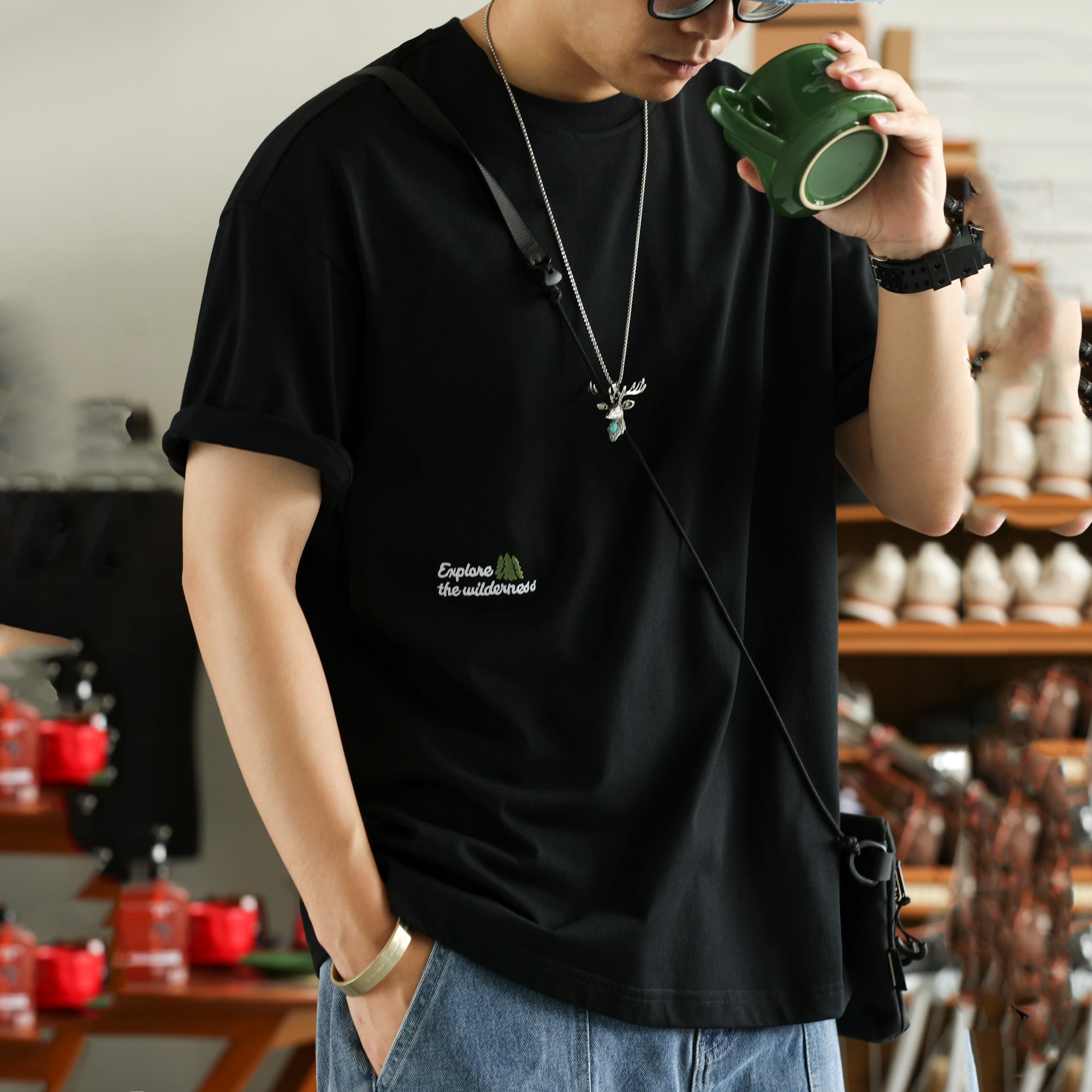 美式休閒趣味刺繡短袖T恤男凉感7A抗菌純棉圓領打底衫夏