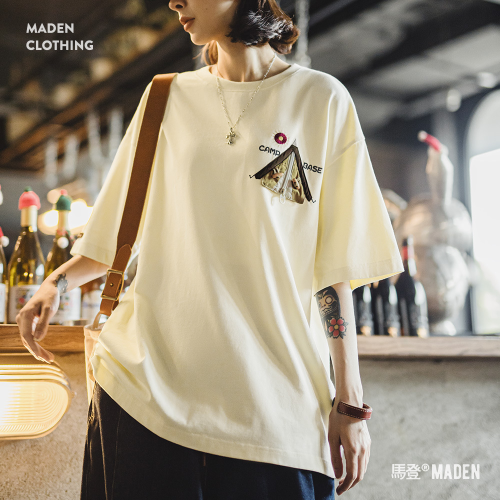 2025新純棉親膚短袖寬鬆落肩上衣吸濕純色T恤七分袖圓領衫女