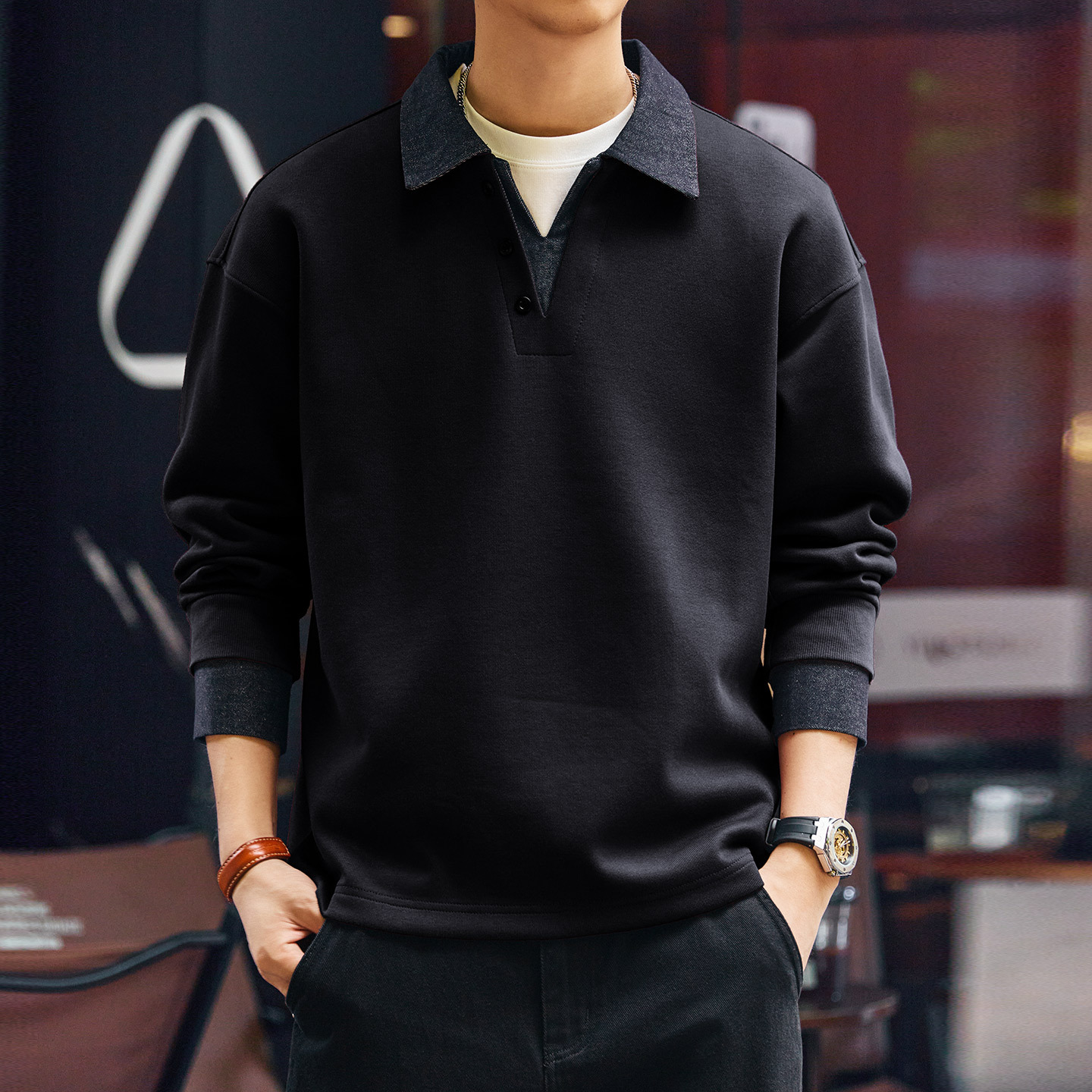 假兩件撞色拼接重磅牛仔Polo衫男秋冬加絨復古翻領衛衣