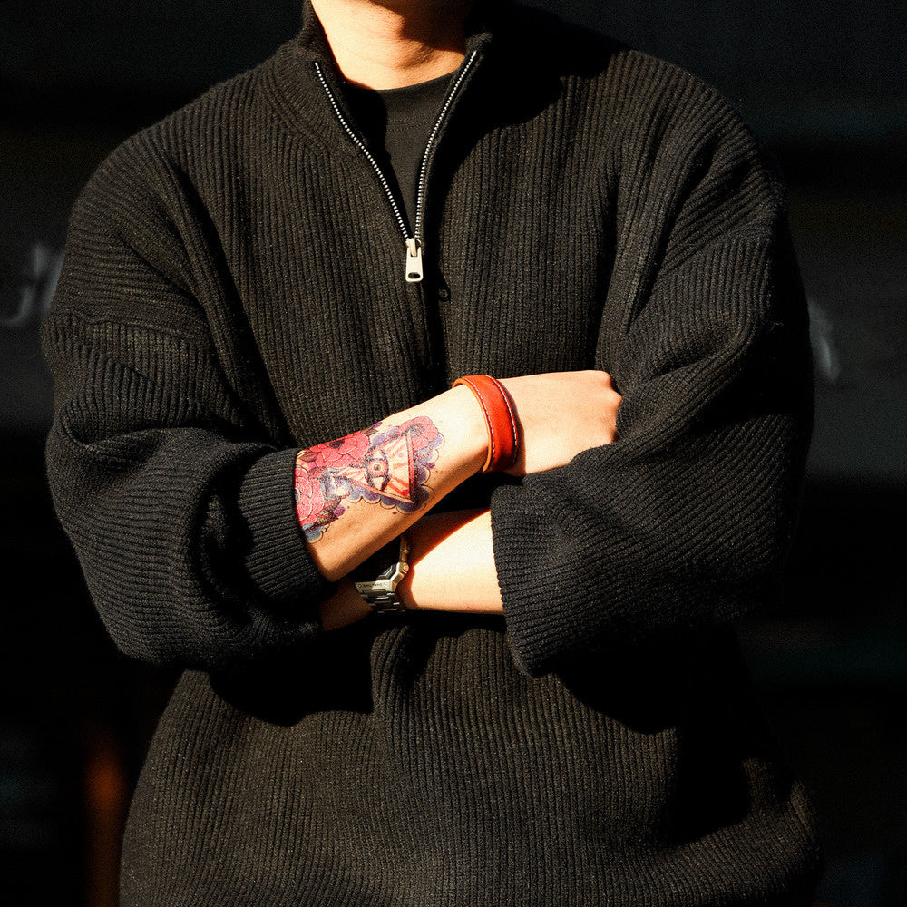 美式休閒半拉鍊立領保暖毛衣男700g復古慵懶風針織衫冬-Retro's Wear