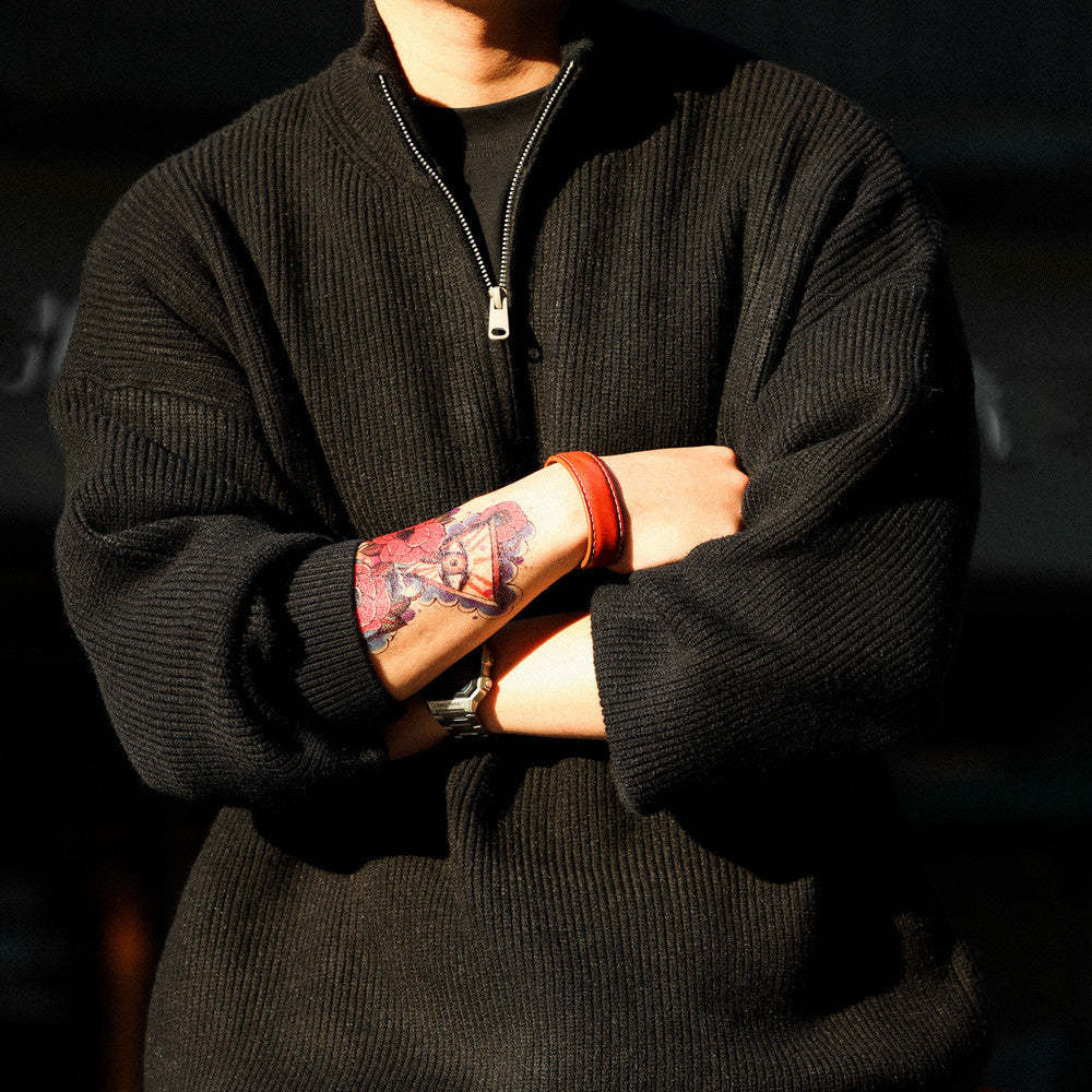 美式休閒半拉鍊立領保暖毛衣男700g復古慵懶風針織衫冬-Retro's Wear