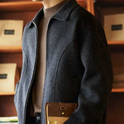 雙面羊絨短款翻領毛呢大衣男士2025冬季新款休閒保暖通勤夾克外套