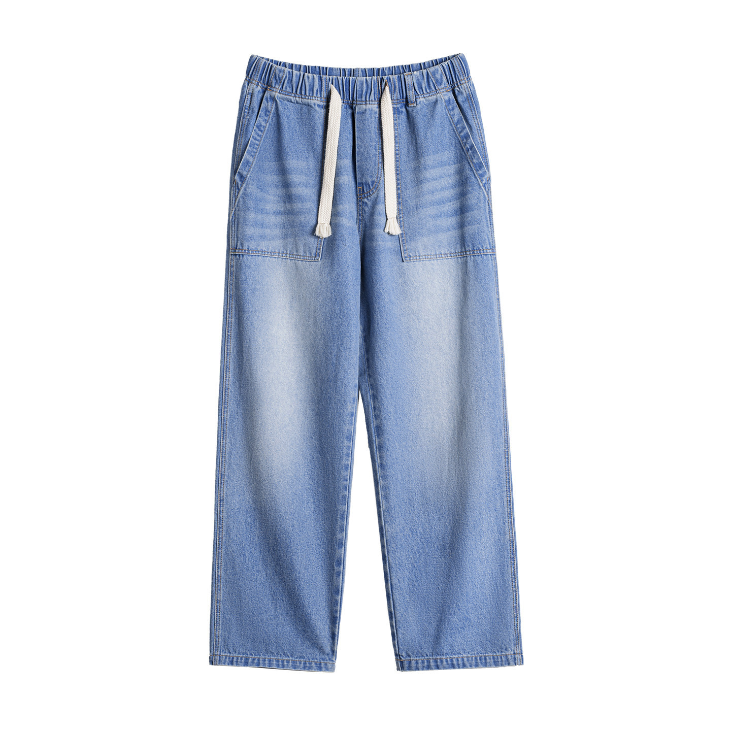 美式貝克水洗牛仔褲丹寧闊腿抽繩直筒休閒長褲子薄款男春