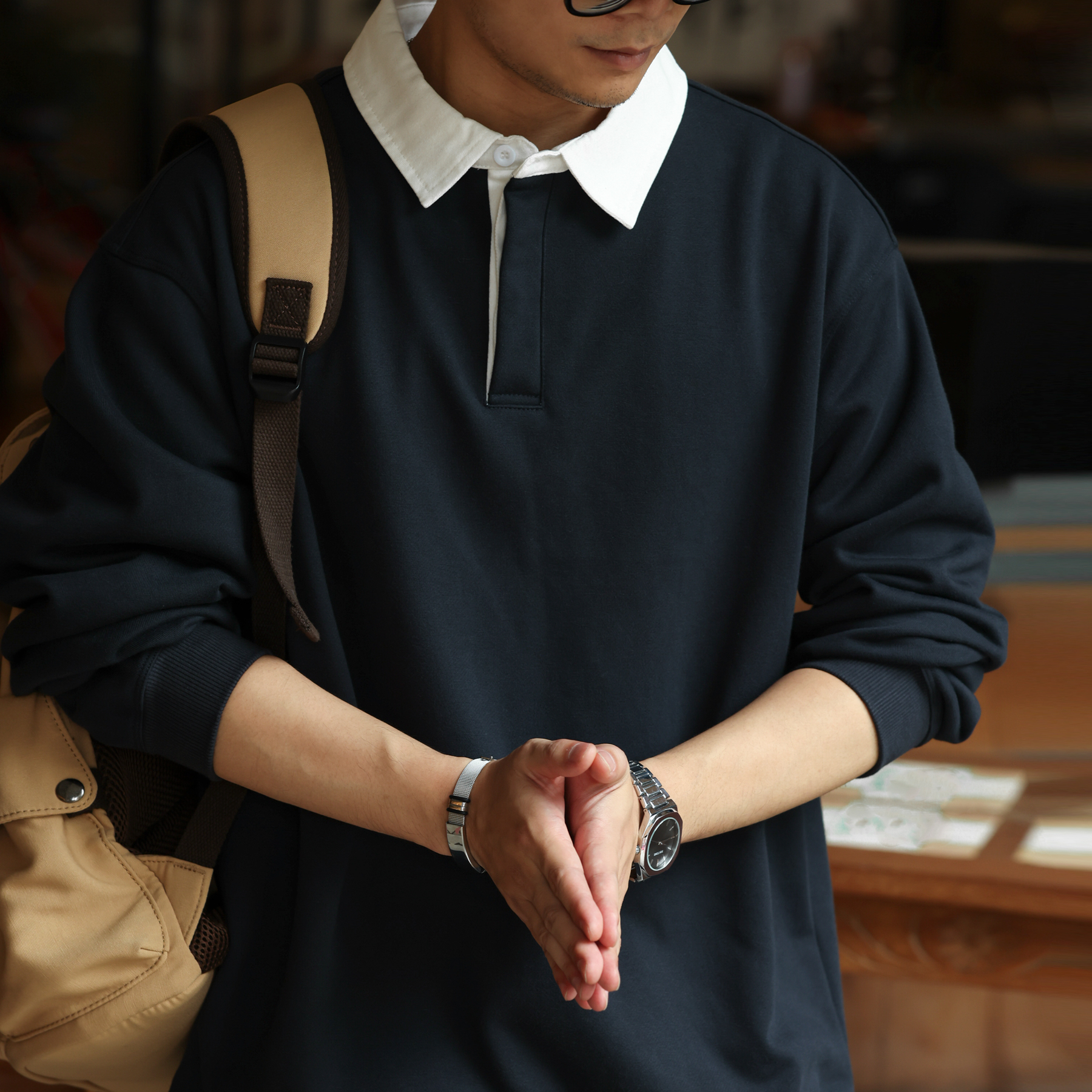 美式復古390g重磅撞色polo衫男學院風小毛圈針織衛衣秋