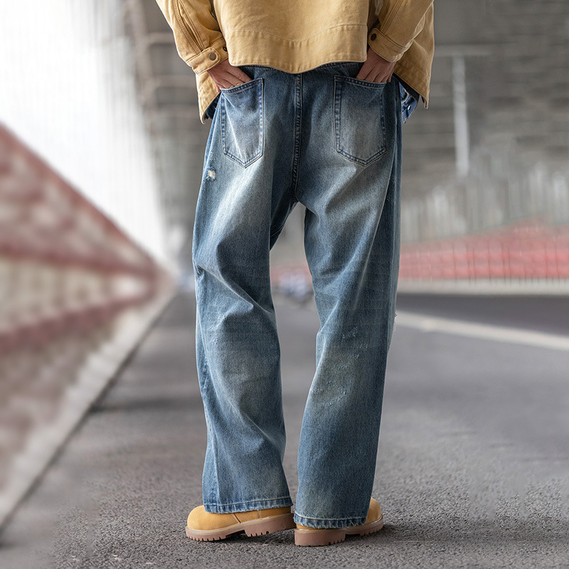 MRA復古內華達水洗猫須直筒軟牛仔褲不規則破洞淺藍長褲男秋