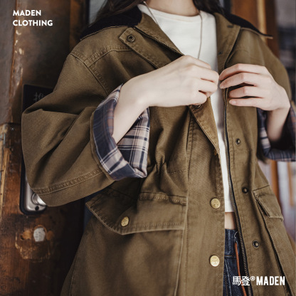 復古卡其撞色巴恩風翻領寬鬆收腰派克工裝夾克外套上衣女士秋