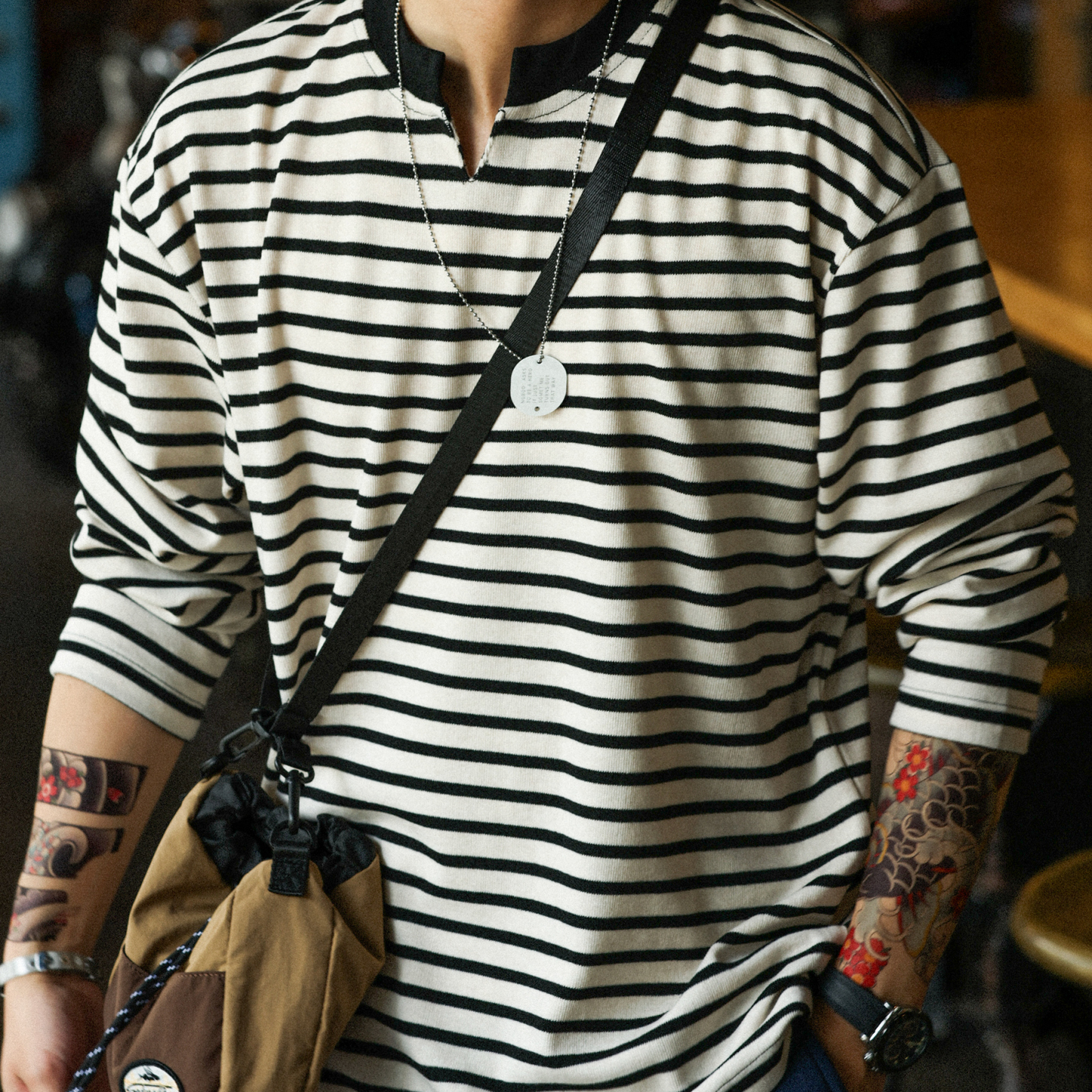 美式復古280g重磅海魂衫男休閒鬆弛感條紋小v領長袖T恤