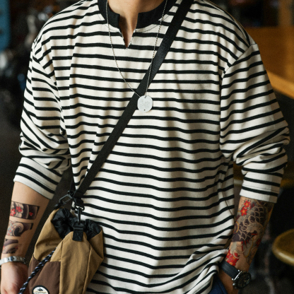 美式復古280g重磅海魂衫男休閒鬆弛感條紋小v領長袖T恤