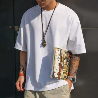 美式休閒230g太空棉短袖T恤男運動拼接開衩薄荷綠色TEE