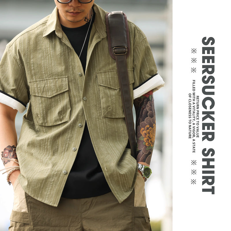 美式復古泡泡紗短袖襯衫男雙口袋暗紋翻領120g工裝襯衣