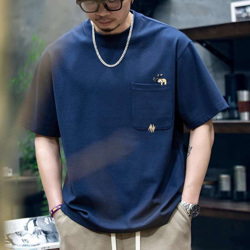 260g米格短袖t恤男夏季新款潮牌小樹懶刺繡口袋寬鬆休閒半袖T恤