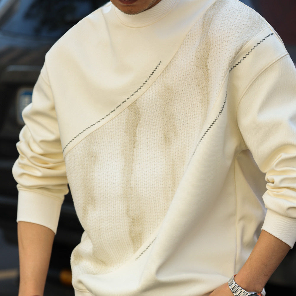 美式輕奢休閒感拼接圓領衛衣男340g撞色明線套頭針織衫