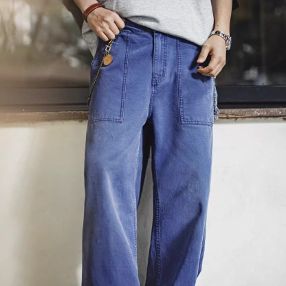 法式復古工裝褲藍色vintage水洗帆布寬鬆直筒休閒褲男春